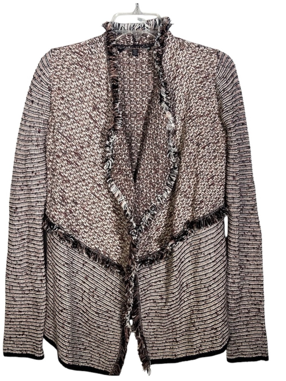 White House Black Market Black Pink Tweed Knit Cardigan Fringe